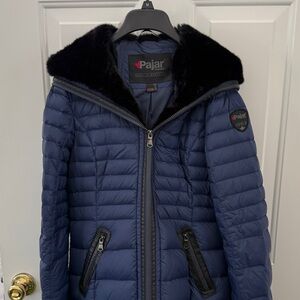 Pajar Canada Cece Navy Quilted Down Puffer Jacket Faux Fur Trim - Size Medium